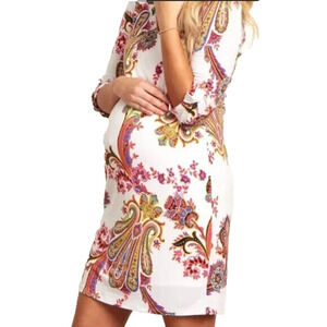 Pink Blush Maternity Paisley Shift Floral Dress Size Large 3/4 Roll Tab Sleeve